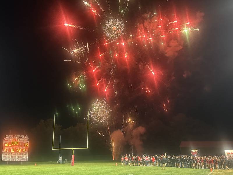 Fireworks fill the sky after Hall defeated Sherrard on Friday, Sept. 19, 2025 at Richard Nesti Stadium.