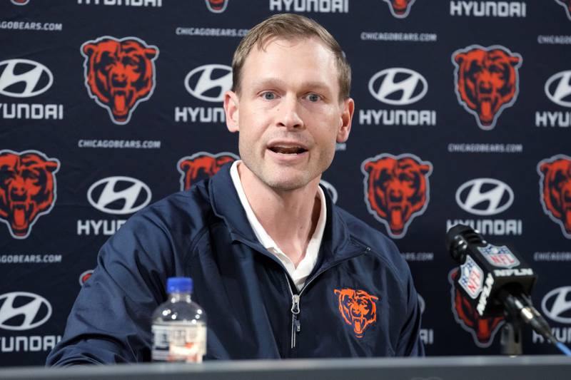 Chicago Bears head coach Ben Johnson talks to media during a news conference at Halas Hall in Lake Forest, Ill., on Wednesday. (AP Photo/Nam Y. Huh)