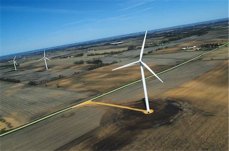 This May file photo shows part of the Big Sky wind farm near Ohio. The California-based Edison Mission Group has 58 turbines in Lee County and 56 in Bureau County, covering 13,000 acres.