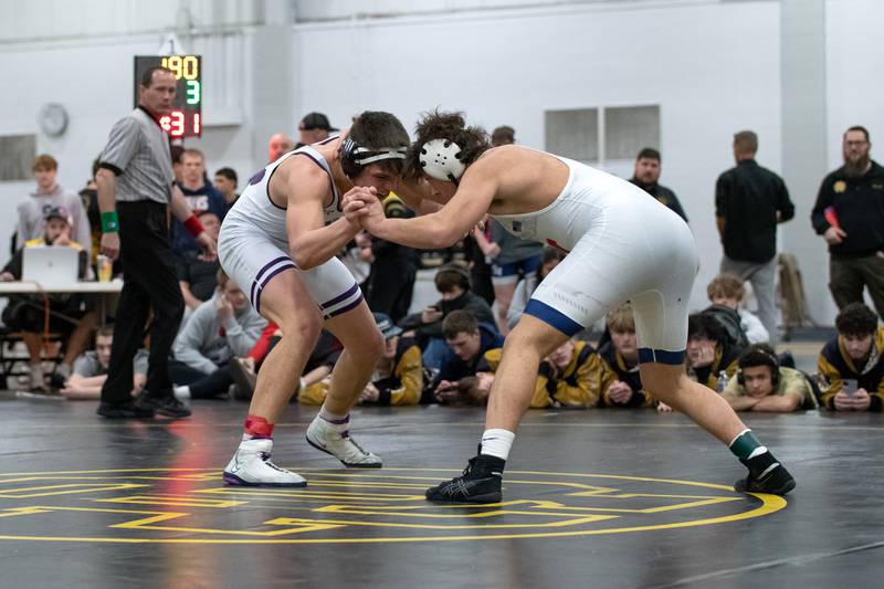 Wilmington's Logan VanDuyne, left, and St. Viator's Jaxon Penovich wrestle in the 190-pound championship match during the Reed-Custer Comet Classic Wrestling Invite on Saturday, Jan 17.