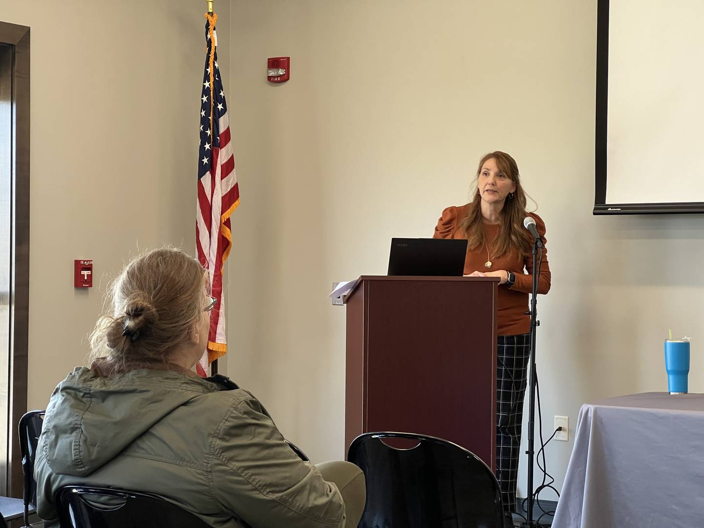 Michelle Donahoe, county historian and executive director of DeKalb County History Center, speaks during an Arts in Action event on Feb. 1, 2024.