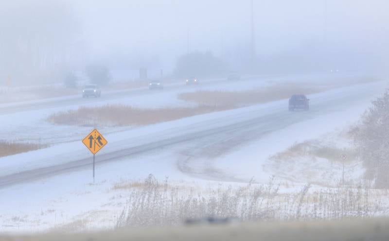 Traffic moves slowly along Interstate 39 near the Route 6 Interchange on Saturday, Nov. 29, 2025 near La Salle.