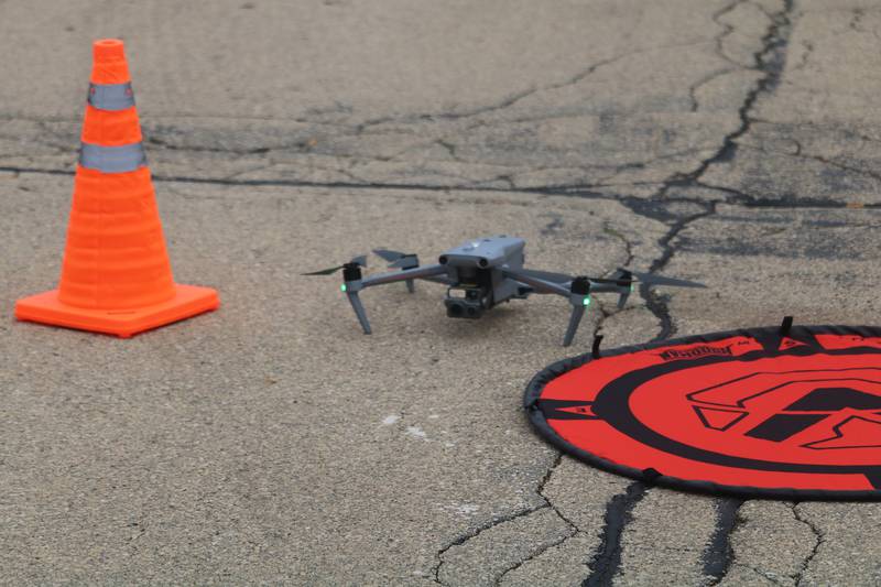 One of the DeKalb Police Department's drones is seen Oct. 22, 2025, outside the former GE plant in DeKalb.