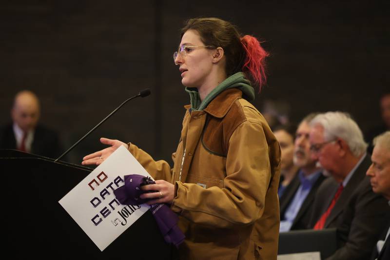 Resident Addey Vollmer speaks against the proposed Data Center at the City of Joliet Plan Commission meeting on Thursday, March 5, 2026 in Joliet.