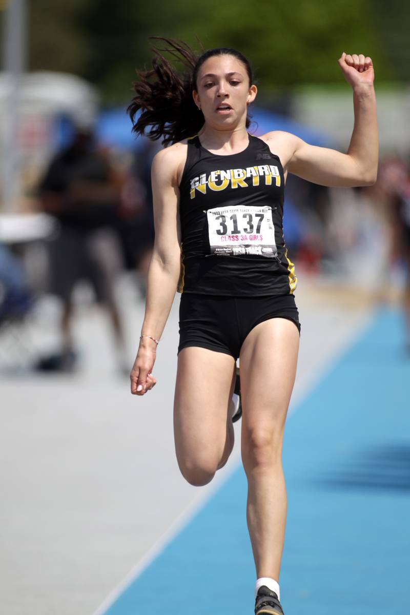 Skyler Libel of Glenbard North competes in the 3A long jump during the IHSA State Track and Field Finals at Eastern Illinois University in Charleston on Saturday, May 20, 2023.