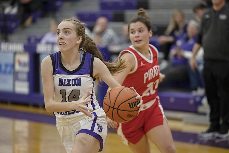 Dixon’s Abby Knipple drives to the hoop Wednesday, Nov. 30, 2022 against Ottawa.