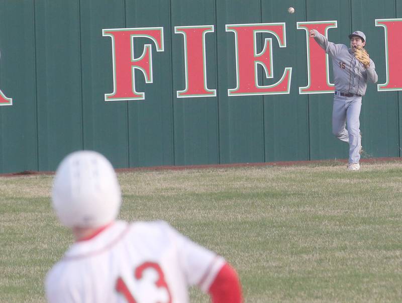 Mendota's Cayden Taliani throws the ball back to the infield as L-P Braylin Bond rounds second base on Thursday, April 3, 2025 at Huby Sarver Field inside the L-P Athletic Complex in La Salle.