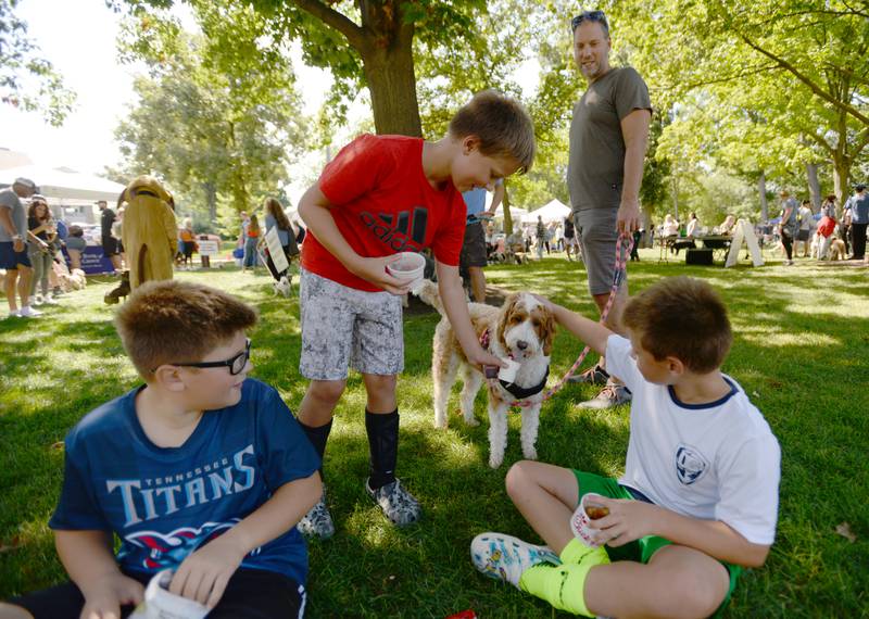 (left-right) Sebastian Reichl, Will Miles, dog 'Montana Joy' Chad and Hunter Miles enjoy a treat while attending the Downers Grove Dog Daze Saturday, Sept. 9, 2023.