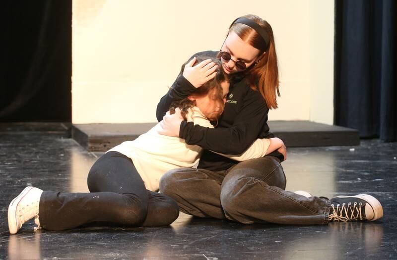 Helen Keller, played by Piper Mitchell Annie Sullivan, played by Andie Kerestes, rehearse a scene during "The Miracle Worker" on Thursday, March 21, 2025 at Stage 212 in La Salle.