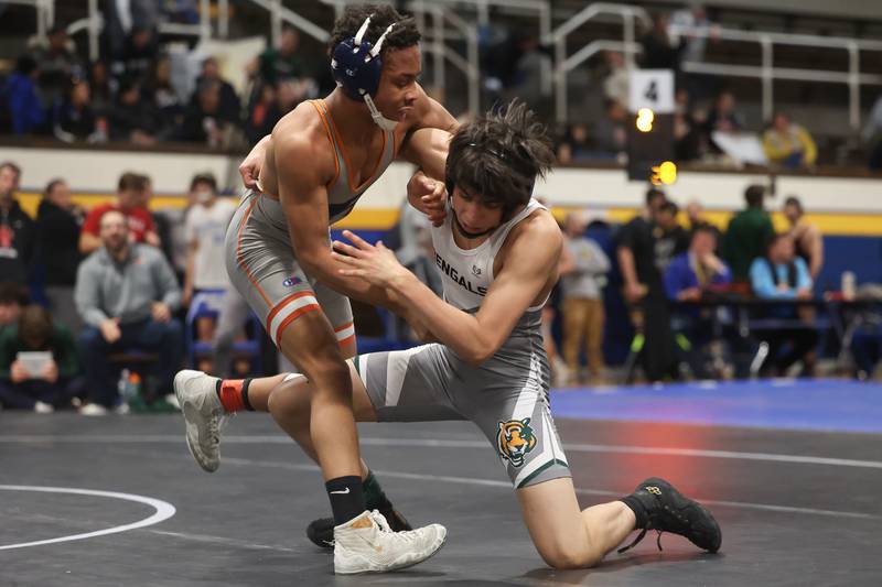 Romeoville’s Brian Farley brings down Plainfield East’s Aidan Villar in the Southwest Prairie Conference 120 pound Championship at Joliet Central on Saturday, Jan. 20th, 2024.
