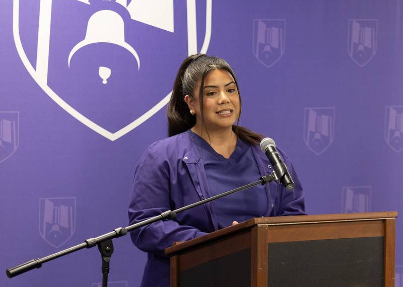 Karla Cervantes, a nursing student at Joliet Junior College, speaks on how access to free test prep resources is supporting her career goals during an event at the college celebrating the Prepare for Illinois’ Future program on Thursday, April 24, 2025.