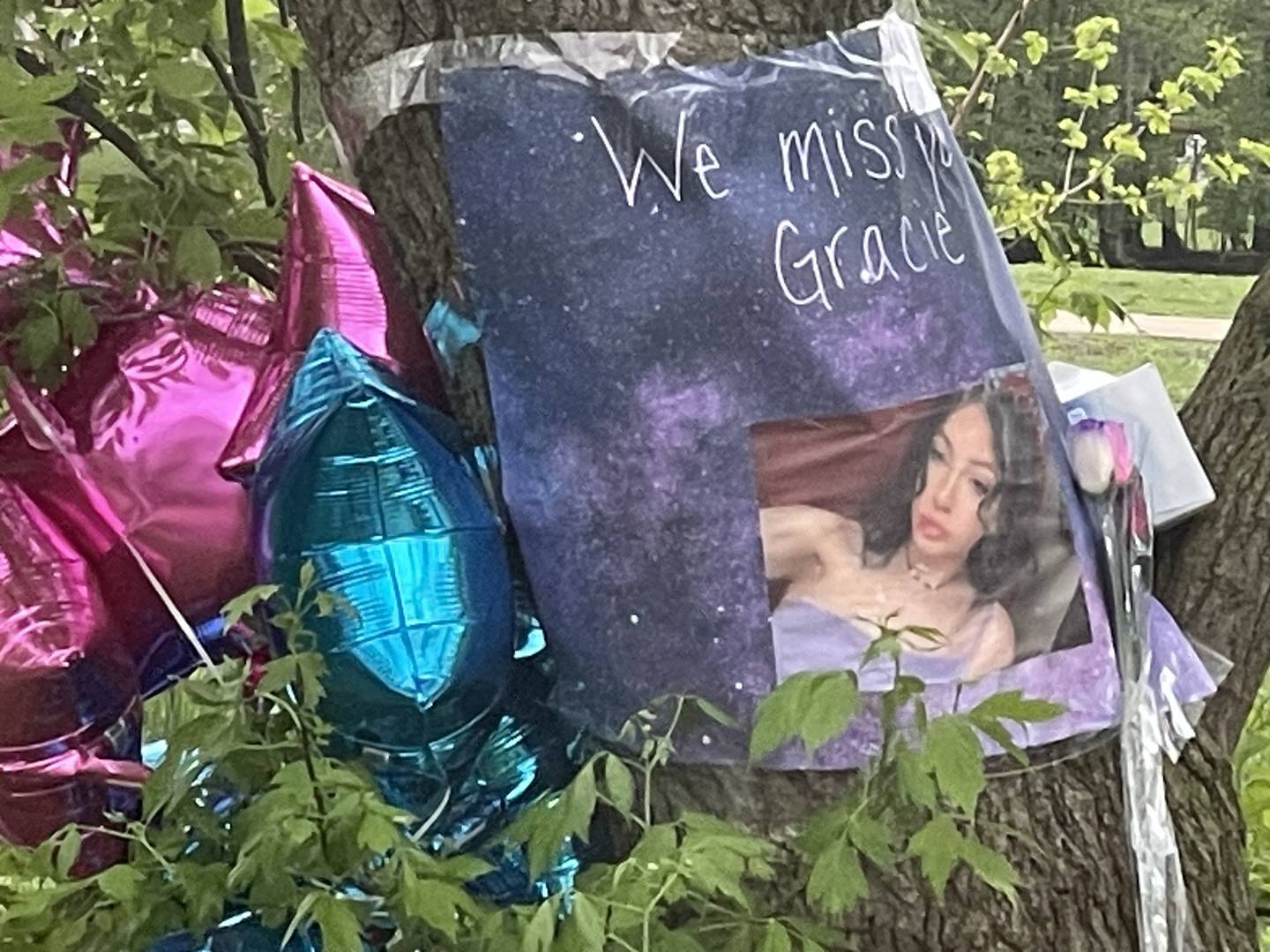 Some of Gracie Sasso-Cleveland's (shown in the picture) friends gathered Monday, May 8, 2023 in the backyard of a home in the 500 block of College Avenue in DeKalb where the girl was allegedly murdered May 4, 2023. Timothy Doll, 29, is charged with murder in the death of Sasso-Cleveland, 15, of DeKalb.