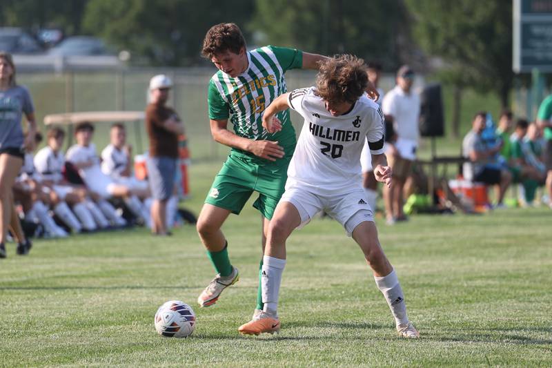 Providence’s Ryan Wolniakowski and Joliet Catholic’s Liam Connolly battle for possession on Aug. 21, 2023 in New Lenox.