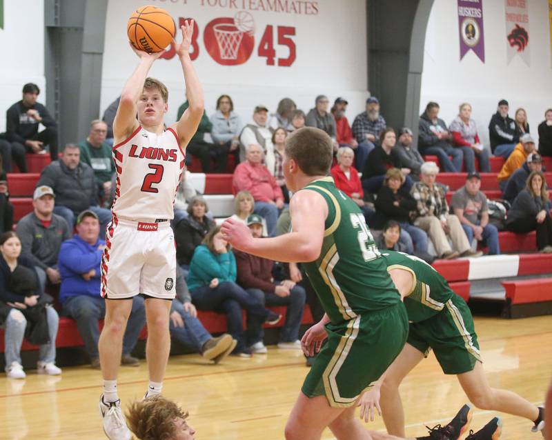 LaMoille's Brayden Klein lets go of a wide-open jump shot over St. Bede's Jake Miglorini on Tuesday, Feb. 11, 2025 at LaMoille High School.