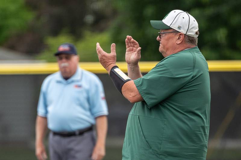 St. Bede Coach, Shawn Sons claps on Tuesday, May 27, 2025 at Illinois Valley Central High School in Chillicothe.