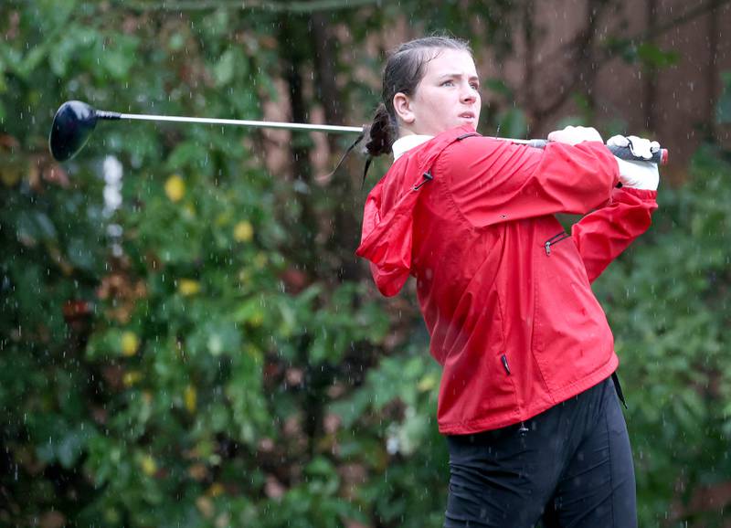 LaSalle-Peru’s Allie Thome watches her drive from the third tee box Tuesday, Sept. 24, 2024, during the Interstate 8 girls golf tournament at the Sycamore Golf Club.