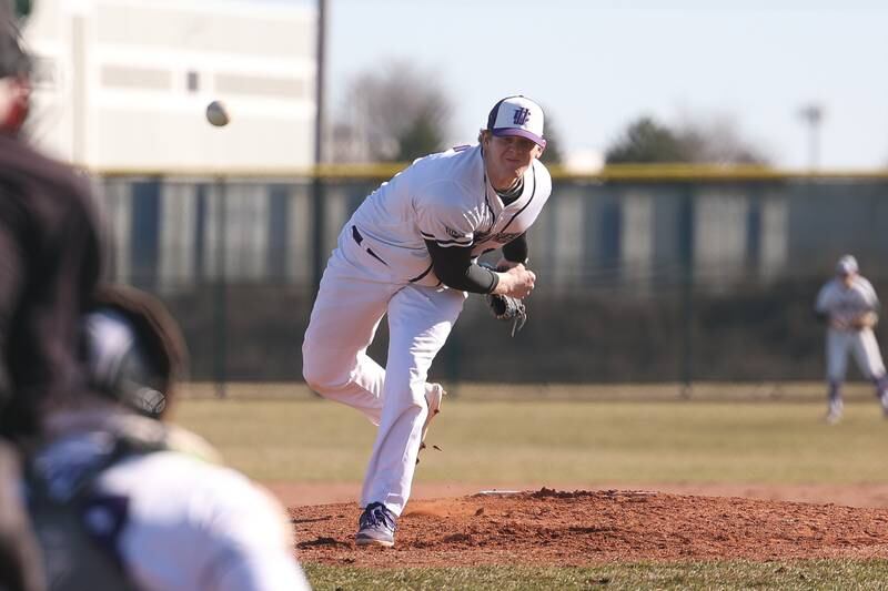 Joliet Junior College’s Matt Kelliher delivers a pitch against Moraine Valley on Tuesday, March 7th, 2023.