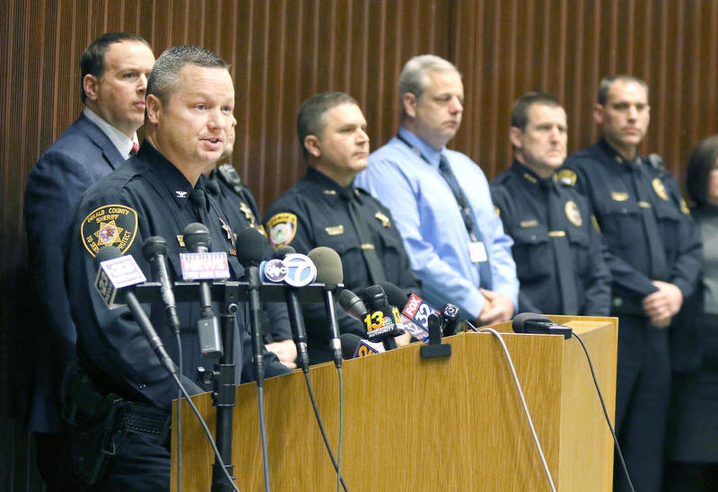 DeKalb County Sheriff's Chief Deputy Andy Sullivan speaks during a press conference announcing the arrest of Jonathan D. Hurst on charges of first degree murder in the killing of Patricia and Robert Wilson of Sycamore.