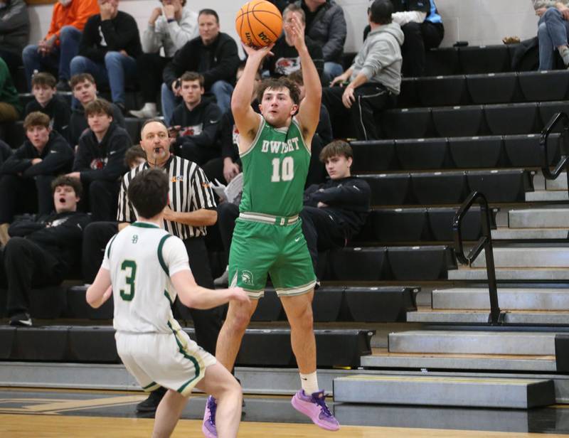 Dwight's Evan Cox lets go of a jump shot over St. Bede's Alec Tomsha during the Tri-County Conference Tournament on Tuesday, Jan. 27, 2026 at Putnam County High School.