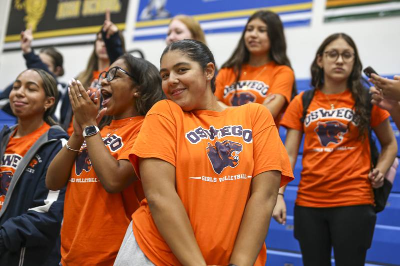 The Oswego student section cheers on the team during Class 4A Regional Final volleyball match between Neuqua Valley at Oswego.  Oct 30, 2025 in Plainfield.
