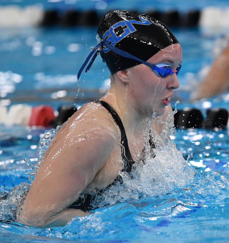 St. Charles North’s Kate Farrell swims breaststroke in the 200-yard individual medley during the girls state swimming preliminaries at the FMC Natatorium on Friday, Nov. 14, 2025 in Westmont.