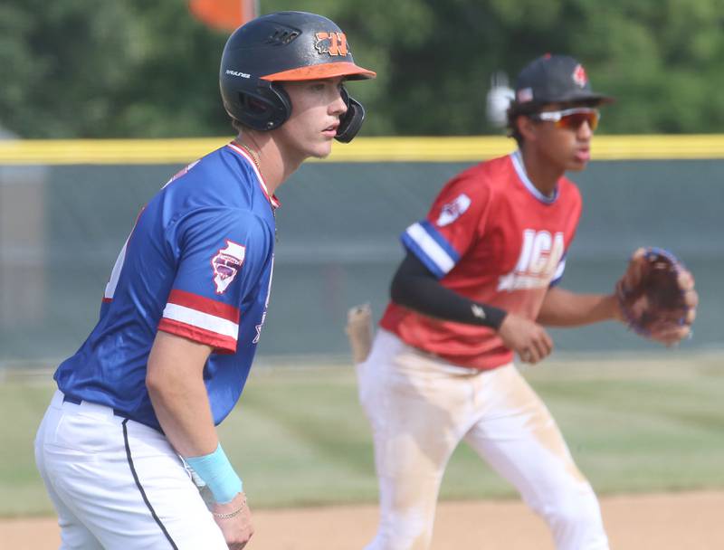 Morris's Bratt Bounds eyes home plate while leading off third base during the ICA Senior Baseball All Star Game on Monday, June 30, 2025 at Schweickert Stadium in Peru.