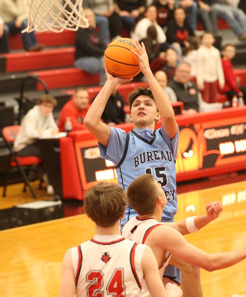Bureau Valley's Wyatt Birkey shoots a jump shot against Hall on Wednesday, Jan. 28, 2026 at Hall High School.