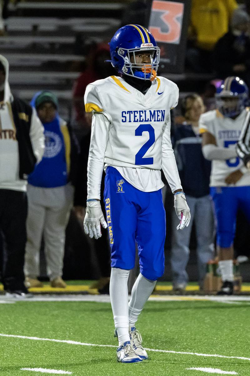 Joliet Central's Kaiden Sewell gets into position during a varsity football game against Joliet West at Joliet West on Oct. 24, 2025.