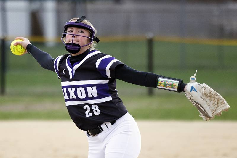 Dixon’s Allie Abell winds up for a pitch against Genoa-Kingston Monday, April 7, 2025.