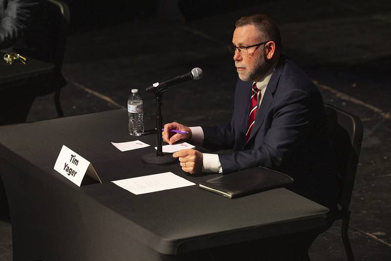 Geneseo farmer Tim Yager answers a question during a candidate forum for the 37th Senate District Thursday, Feb. 22, 2024, hosted by Discover Dixon.
