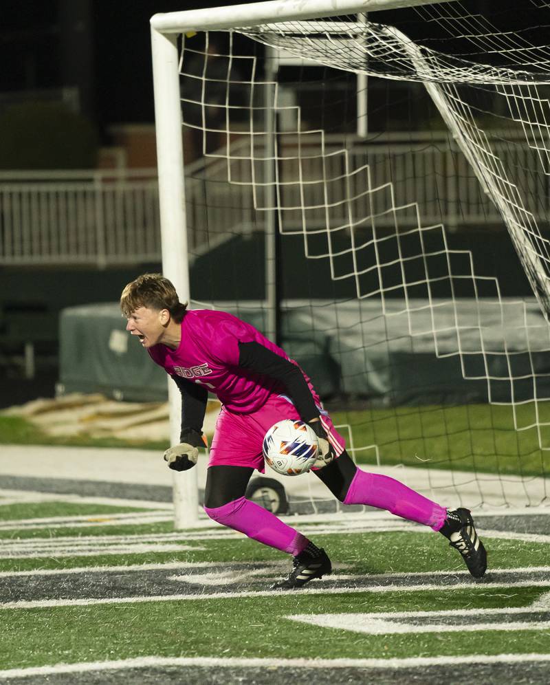 Prairie Ridge goalkeeper Christopher Zinevich makes the winning save against Wauconda in penalty kicks during the Class 2A Boys Soccer Sectional final on Friday, November 1, 2024 at Grayslake Central High School. Ryan Rayburn for Shaw Local