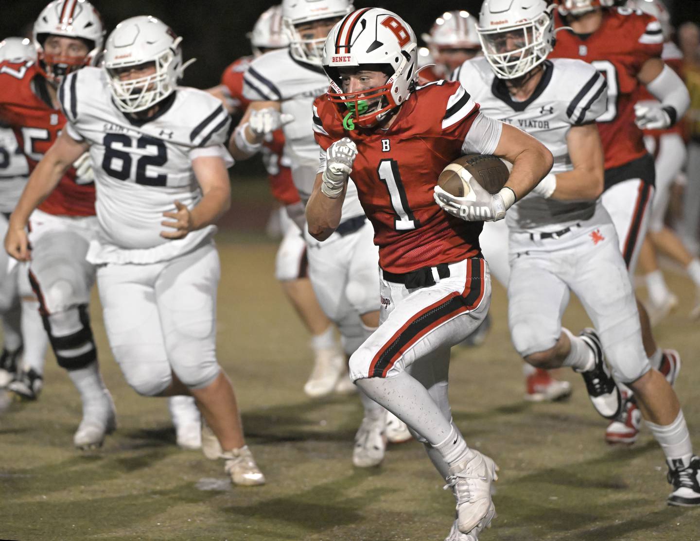 Benet Academy’s Martin Radgowski runs against Saint Viator in a football game at Benedictine University in Lisle on Friday, Sept. 20, 2024.