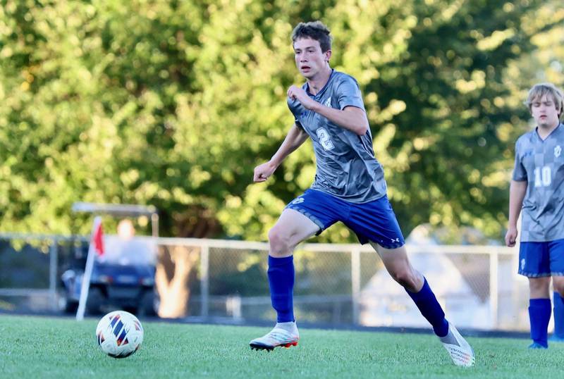 Princeton's Tyler VanDeventer moves to the ball in Tuesday's match vs. Stillman Valley at Bryant Field. The Tigers won 4-0.