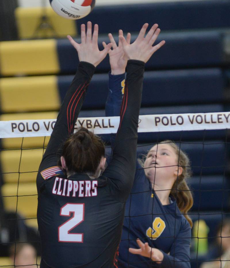 Polo's Reese Mekeel battles Amboy's Kiera Karlson at the net during the Polo Invite on Saturday, Sept. 27, 2025.