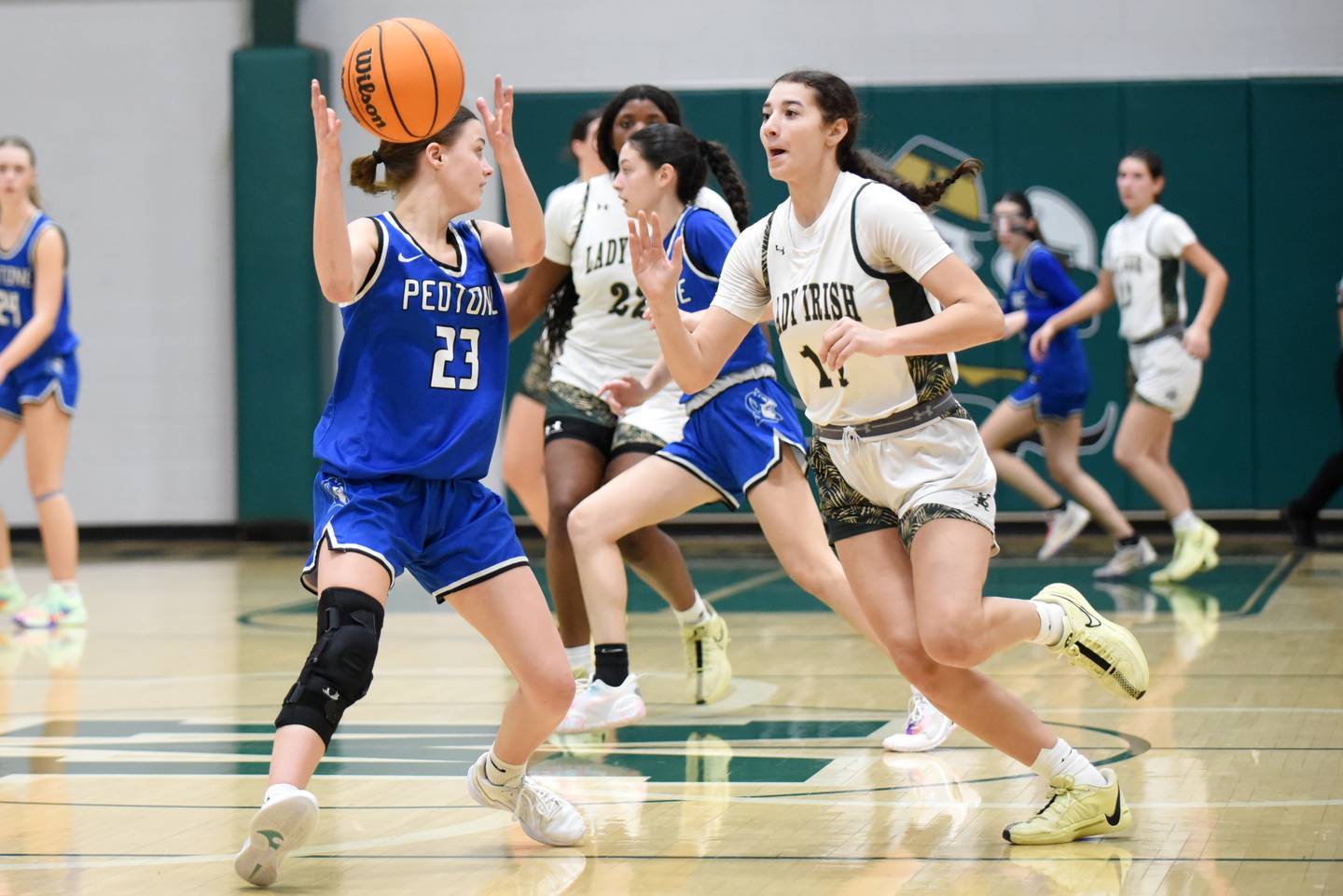 Bishop McNamara's Trinity Davis, right, anticipates poking the ball away from Peotone's Olivia Moe during a girls basketball game at Bishop McNamara Thursday, Feb. 13, 2025.