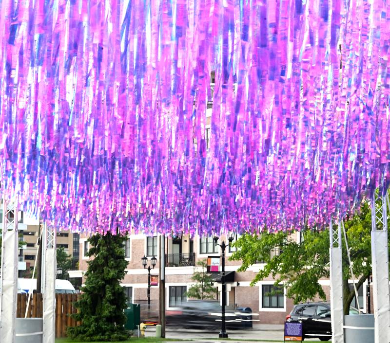 Color Rain display, a vibrant collection of iridescent ribbons, can be seen at 110 S. Cottage Hill near Elmhurst's Art Museum, Public Library, and Wilder Park.