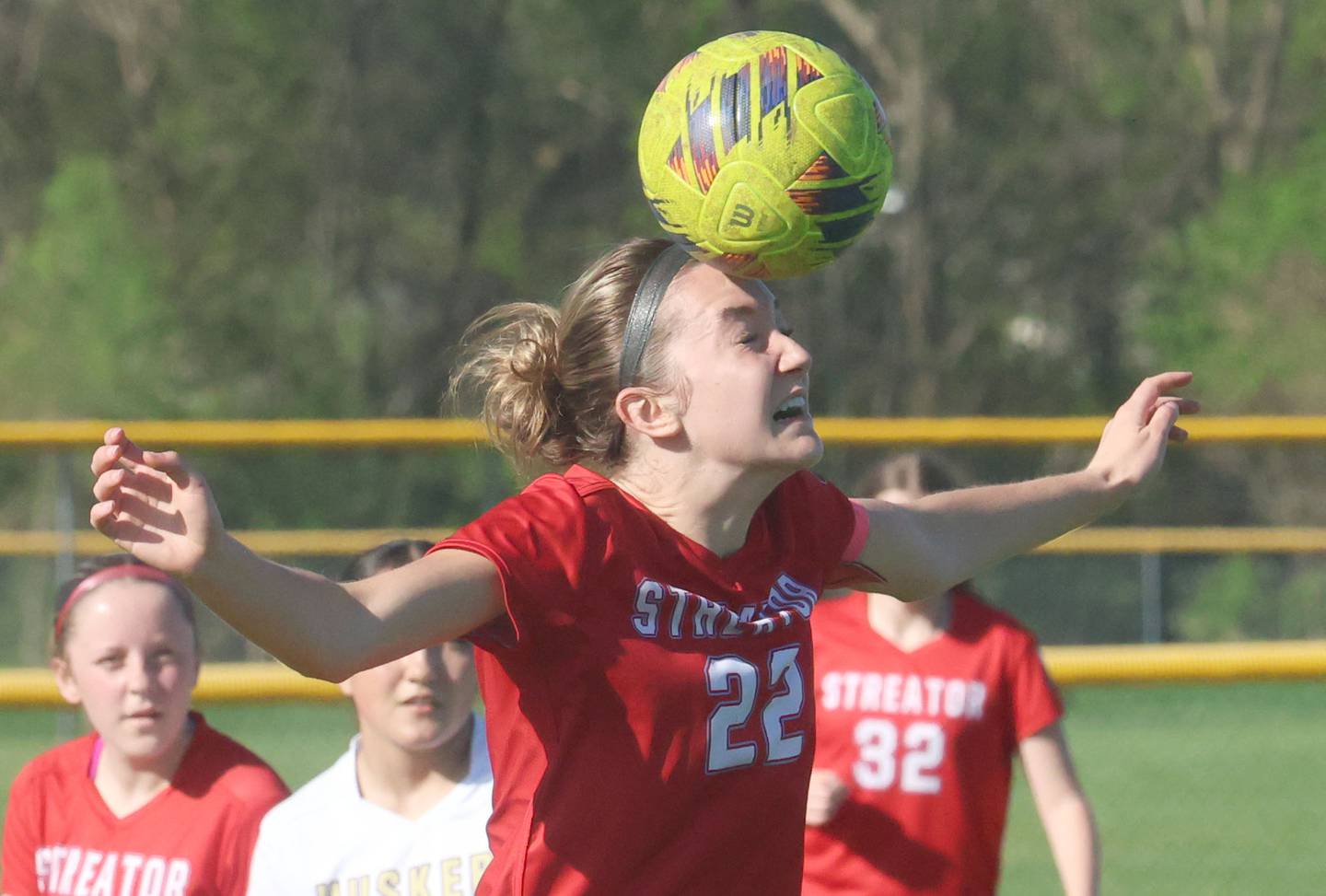 Streator's Elsa Sorensen puts a header on the ball on Thursday, April 16, 2026 at the James Street Recreational Complex in Streator.