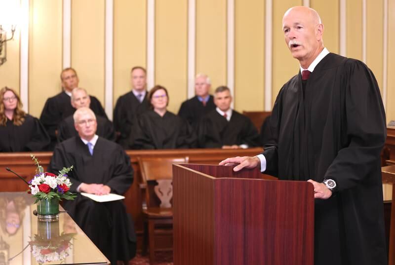 Illinois Supreme Court Justice Michael Burke makes some remarks prior to the swearing in ceremony of Judge Philip Montgomery as a circuit court judge for the 23rd Judicial Circuit Court Friday, July 15, 2022, at the DeKalb County Courthouse in Sycamore.