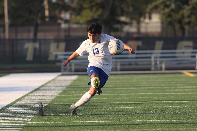 Joliet Central’s Rogelio takes a free kick against Joliet West on Tuesday, Oct. 3, 2023 in Joliet.