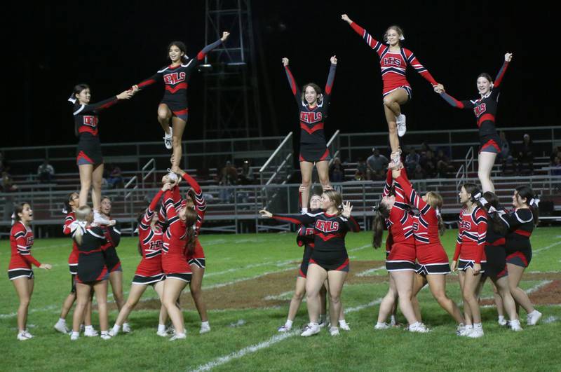 The Hall cheerleaders perform at halftime on Friday, Sept. 29, 2023 at Richard Nesti Stadium.
