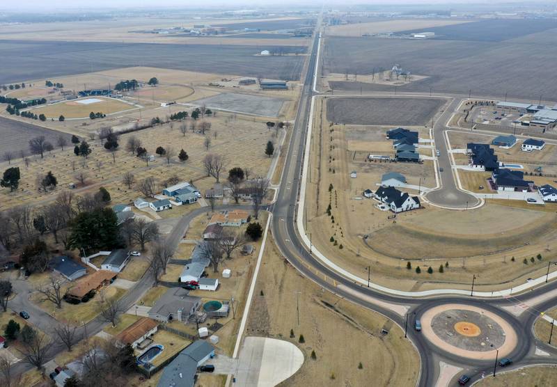 An aerial view of Plank Road and the Peoria Street roundabout on Tuesday, March 3, 2026 near the intersection of Interstate 80 and Plank Road in Peru. The City of Peru Committee of a Whole met on March 2 and agreed to increase the Plank Road speed limit from Midtown Road to near the Electric and Public Works building from 35 mph to 45 mph.
