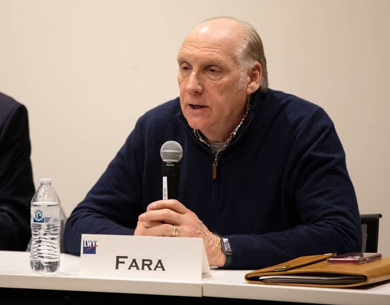 Park District Board Candidate Timothy Fara speaks during the League of Women Voters' Public Forum  at the Geneva Public Library  on Thursday, Feb. 16, 2023.