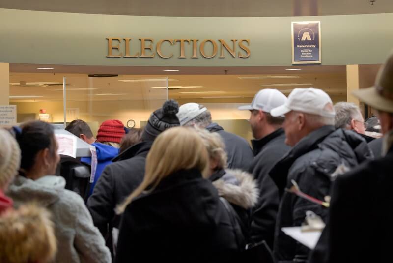 Candidates lineup in the lobby of the Kane County Clerk's office to file their petitions for the 2024 election on Monday, November 27, 2023.
