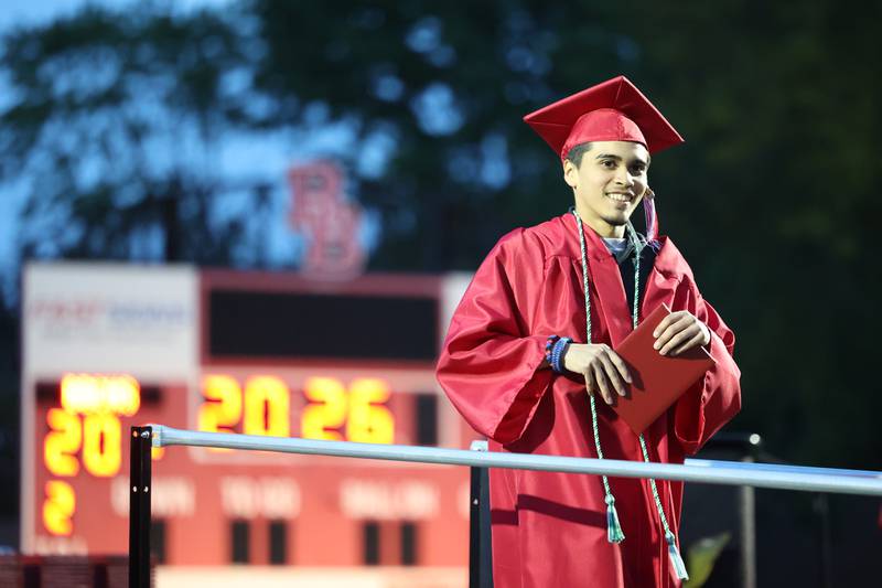 Graduate Miguel Pedraza smiles as his teachers cheer during the Bradley-Bourbonnais Community High School commencement ceremony on Thursday, May 21, 2026.
