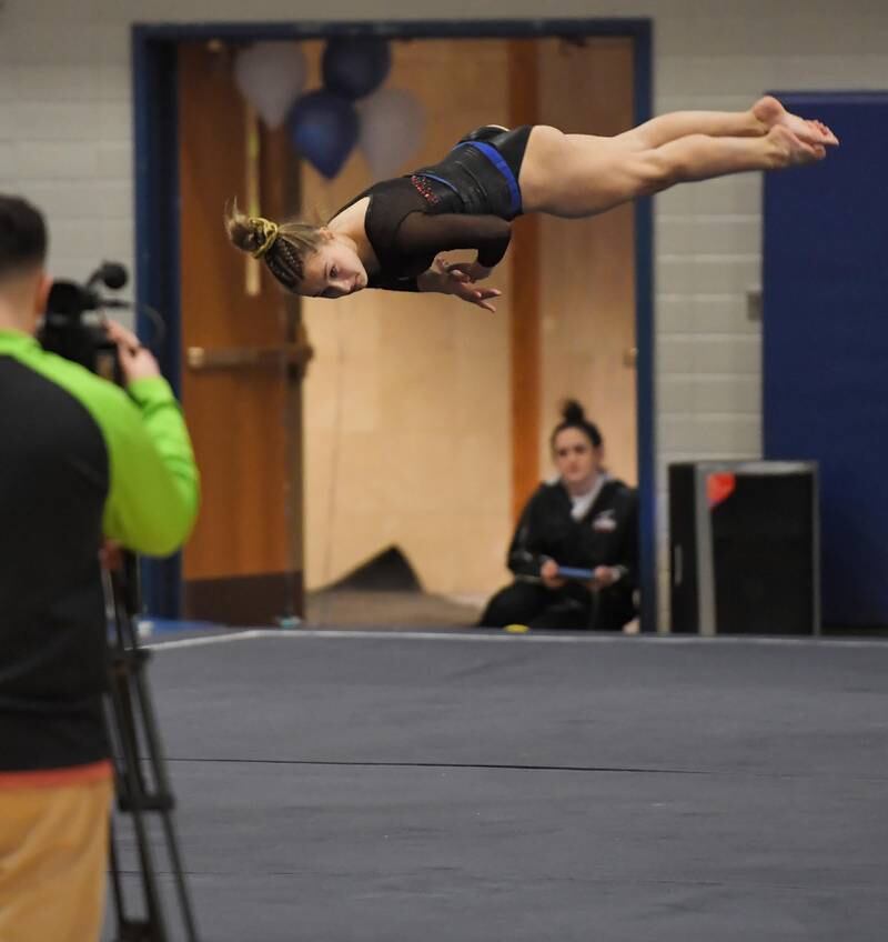 Batavia’s Grace Copoper performs her floor exercise routine at the Geneva girls gymnastics regional meet in Geneva on Wednesday, February 1, 2023.