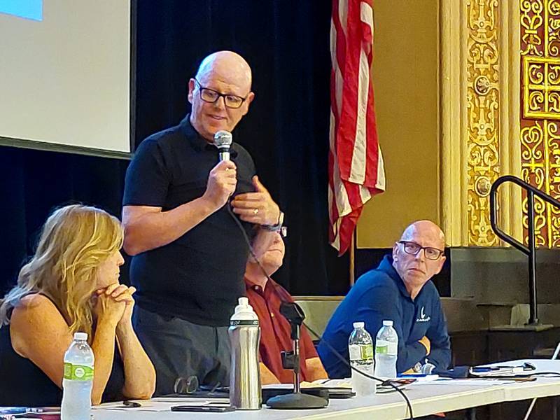 Andy Johnston, Carus president and CEO, speaks Wednesday, July 12, 2023, at a public meeting hosted by Carus LLC at Matthiessen Auditorium in La Salle-Peru High School.