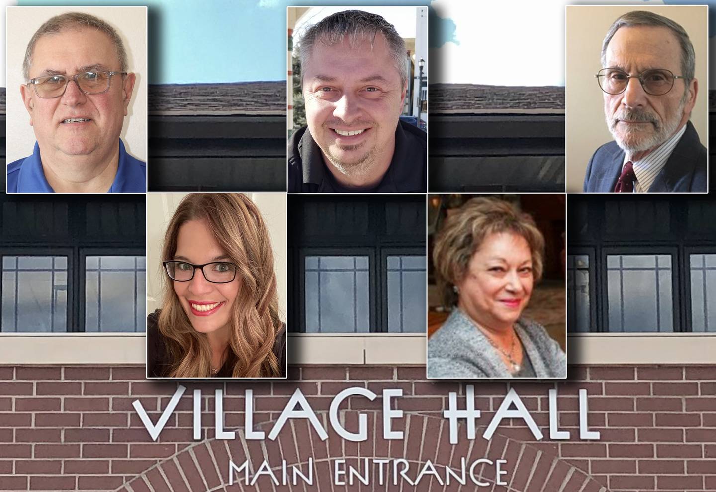 Huntley Village Hall candidates (top row from left: John Piwko, JR Westberg, Burt Natkins, (bottom row from left:) Ronda Goldman, and Mary Holzkopf.