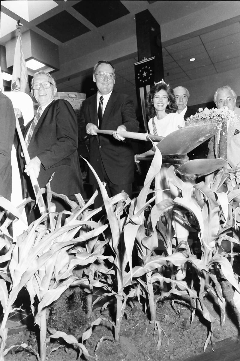 Former Illinois Gov. Jim Thompson and former Peru Mayor Don Baker along with other officials hold a groundbreaking dedication of the Illinois Valley Regional Airport on June 12 1985 at the Peru Mall.