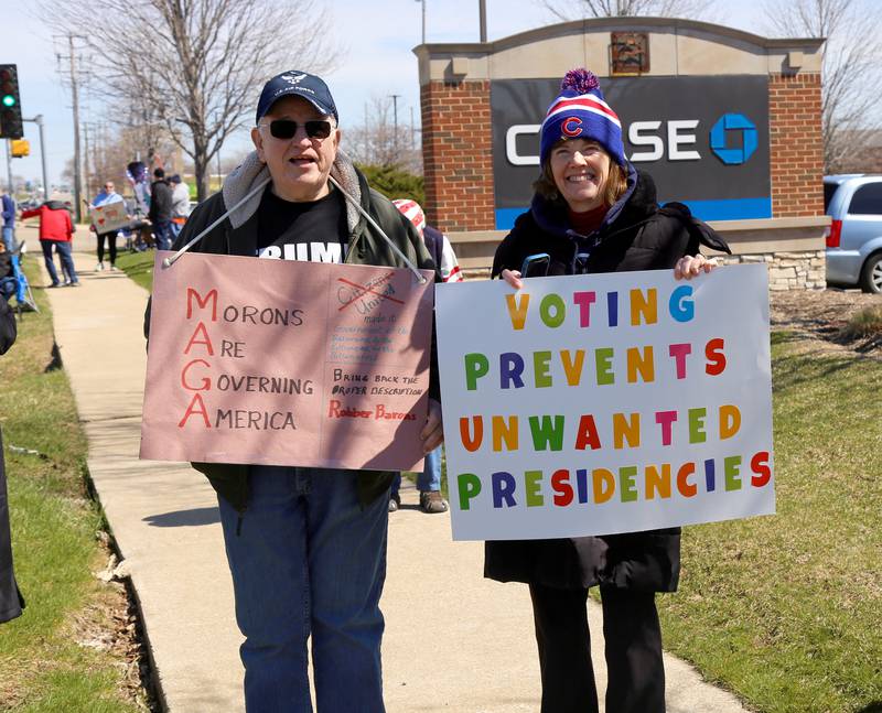 Protesters express themselves with signs at the No Kings demonstration along U.S. Route 34 in Oswego on Saturday, March 28, 2026.