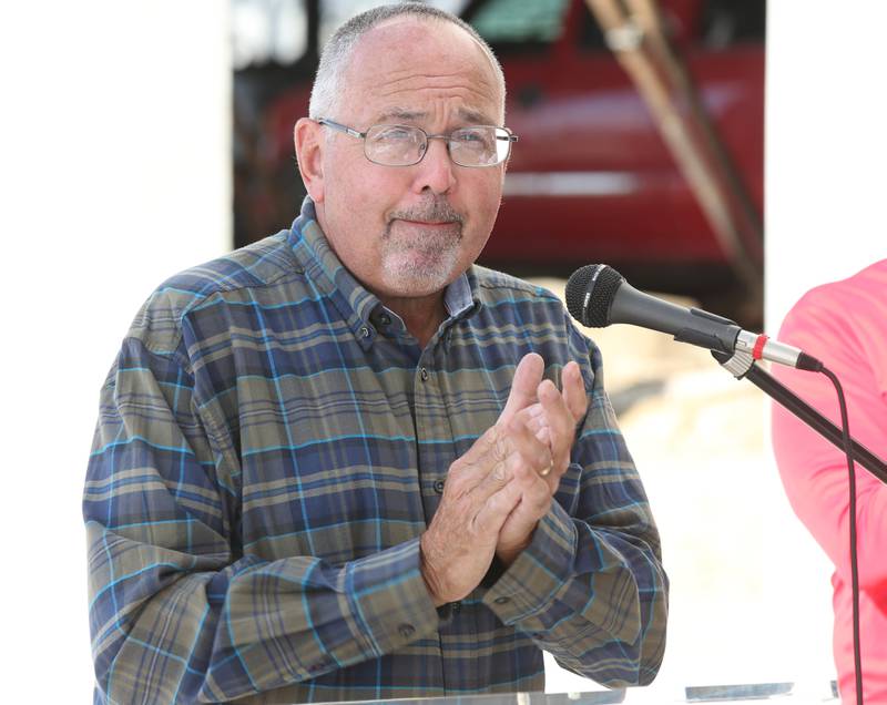 Princeton mayor Ray Mabry applauds Ollies Bargain Outlet for choosing Princeton for their new distribution center d during a construction milestone at the new Ollie's distribution center on Tuesday, Sept. 26, 2023 in Princeton.